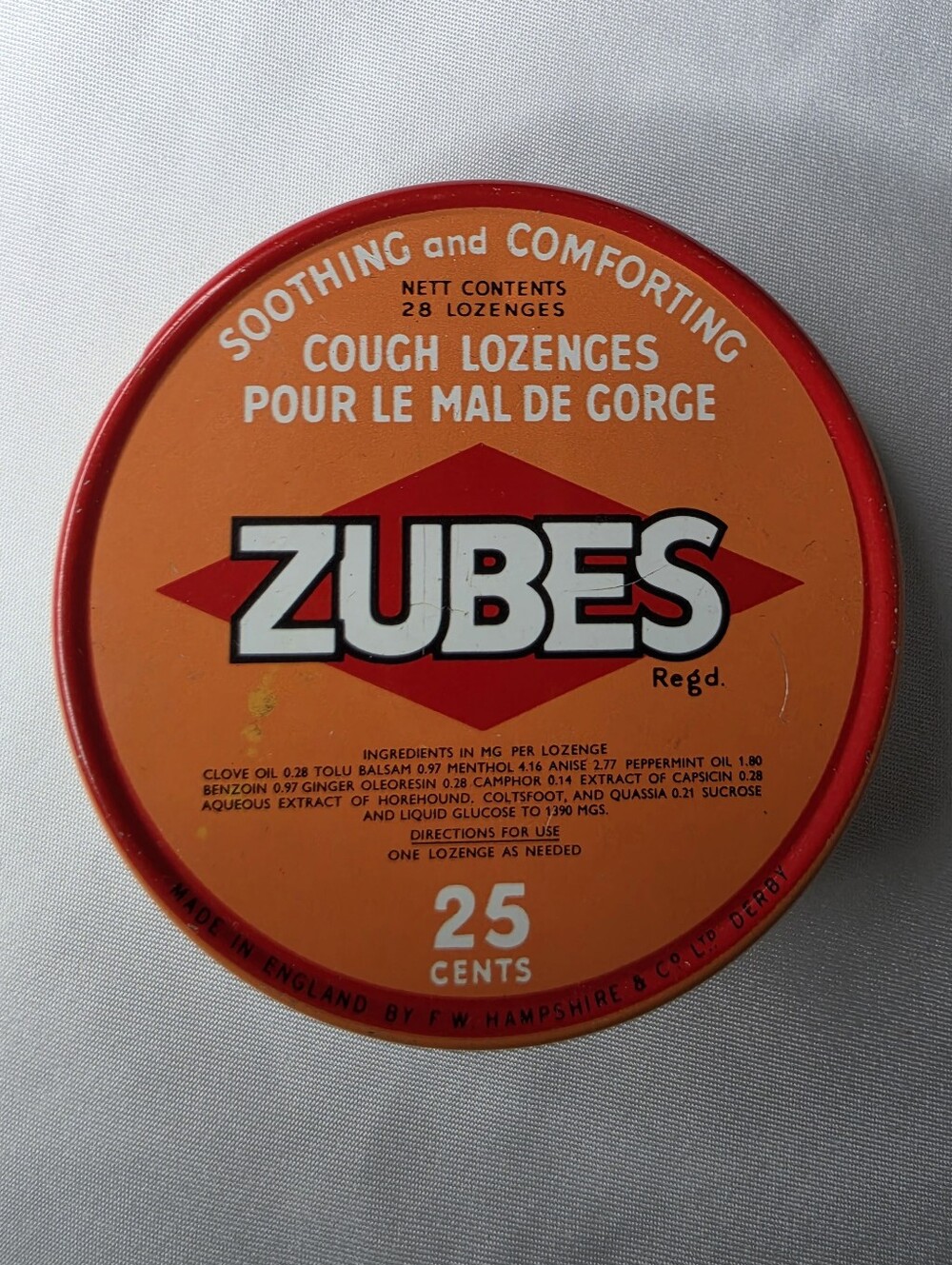 Vintage Zubes Soothing & Comforting Cough Lozenges: 25 Cents Made In England.